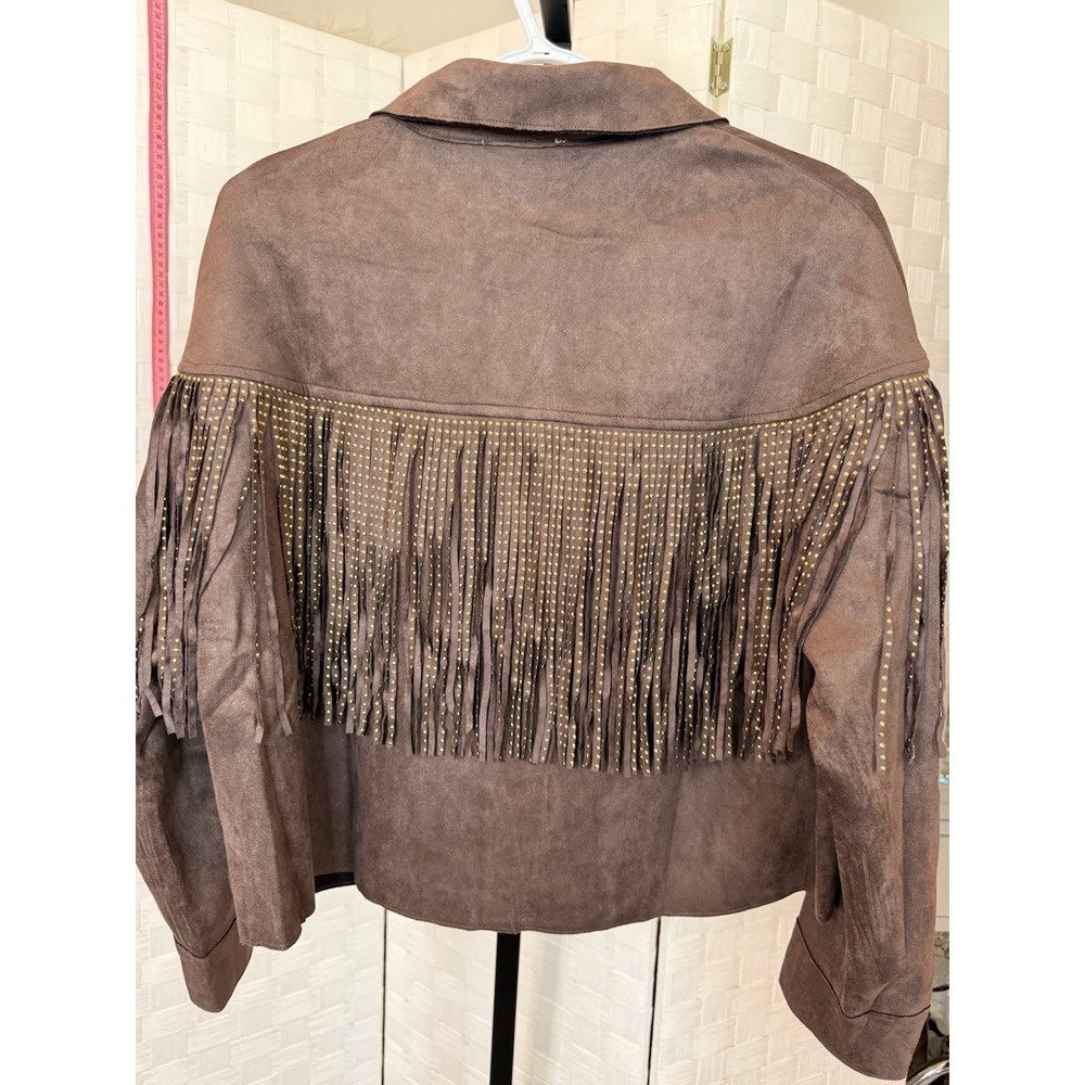 Melrose With Love Brown Faux Suede Gold Studded Fringe Jacket Western Festival S - Picture 7 of 7